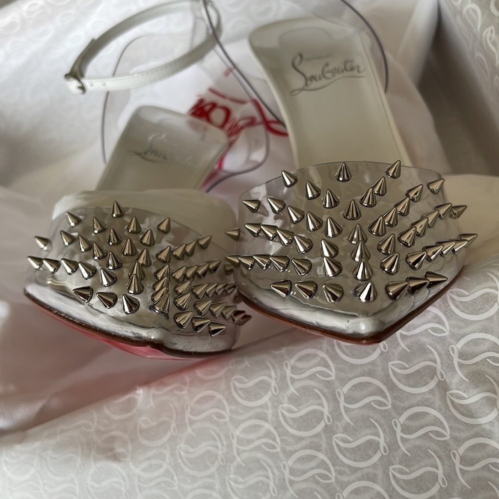 Christian Louboutin spikoo white patent spike stiletto pvc 100mm sz 36.5 - Picture 11 of 12